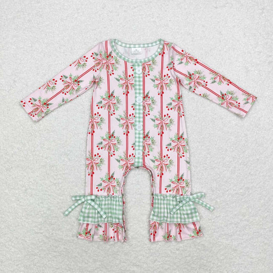 LR1544  Christmas Bow Pattern Green Plaid Pink Button Long Sleeve Bodysuit