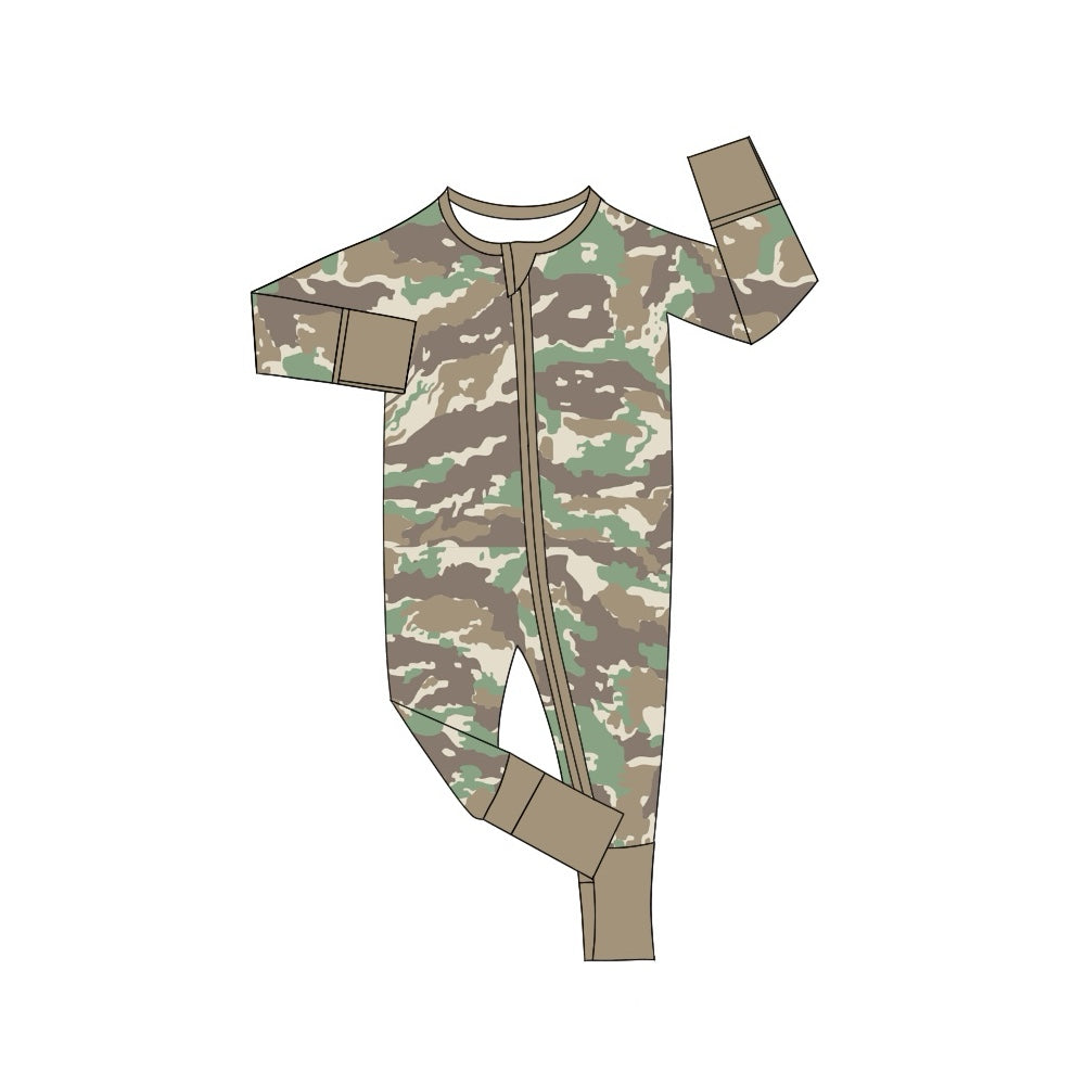 presale LR1548  Light Brown Green Camouflage Zipper Long Sleeve Bodysuit 2024 7.24