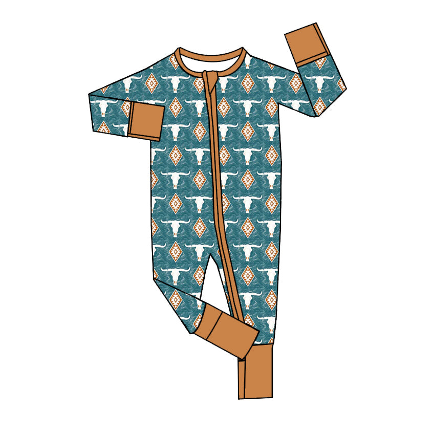 presale LR1549  Blue zip-up long-sleeved bodysuit with alpine bull head geometric pattern 2024 7.24