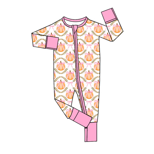 presale LR1553  Pumpkin Bow Pattern Pink and White Zipper Long Sleeve Bodysuit 2024 7.24