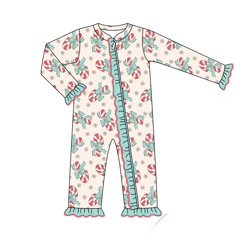 presale LR1558 Bow Cane Flower Teal Lace Zipper Long Sleeve Bodysuit 2024 7.24