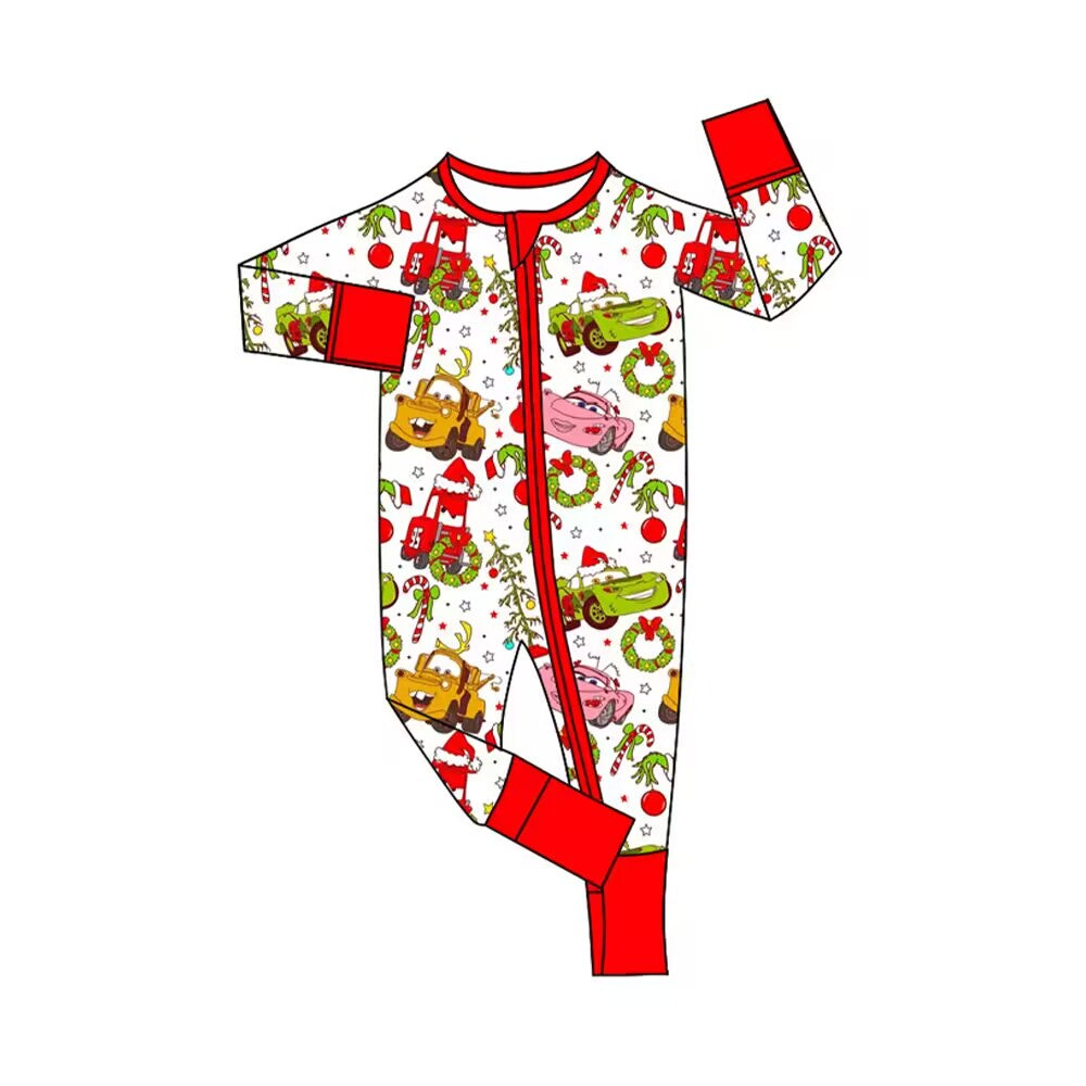 LR1559 Bamboo Christmas Cartoon Car Red and White Zipper Long Sleeve Bodysuit