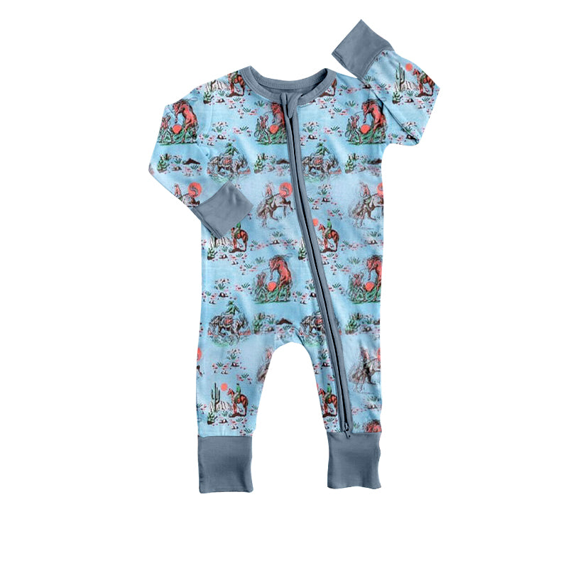 LR1578 Western Cowboy Horseback Riding Cactus Pattern Zipper Long Sleeve Bodysuit
