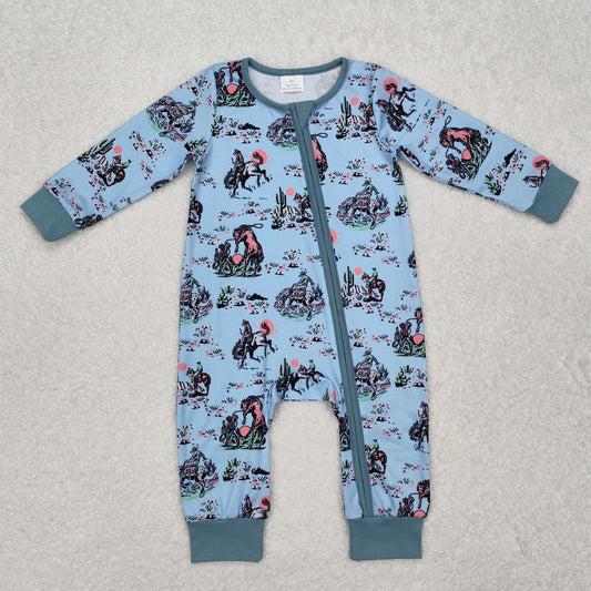 LR1578 Western Cowboy Horseback Riding Cactus Pattern Zipper Long Sleeve Bodysuit