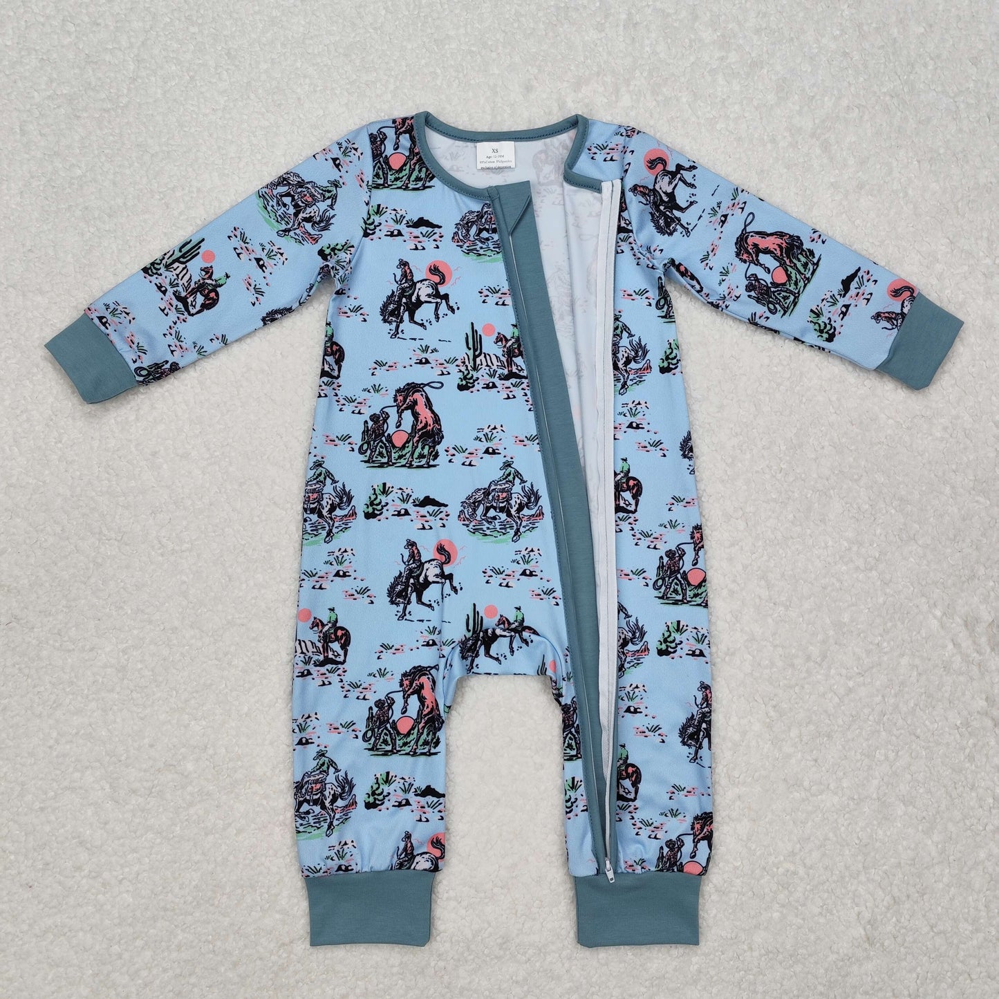 LR1578 Western Cowboy Horseback Riding Cactus Pattern Zipper Long Sleeve Bodysuit