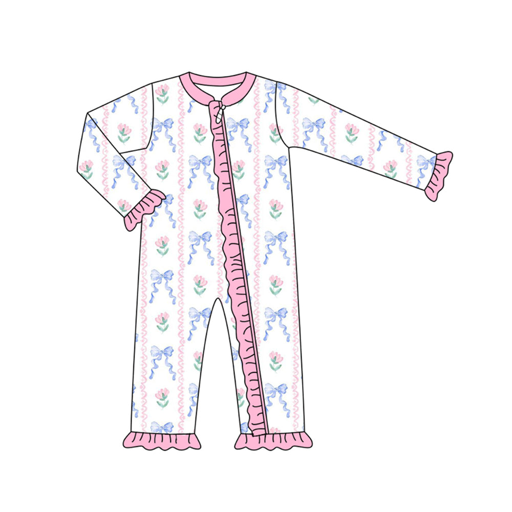 presale LR1580  Blue bow print pink lace long sleeve zip-up bodysuit  2024 7.27