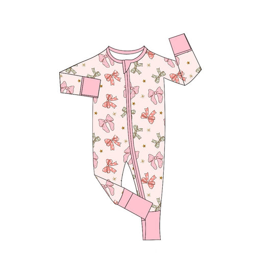 presale LR1614 Light pink zip-up long-sleeved jumpsuit with bow and five-pointed heart pattern 2024 7.30
