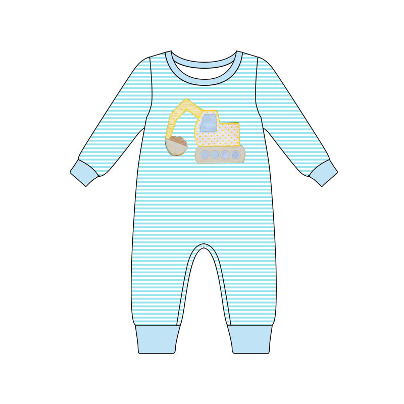 LR1617 Excavator Engineering Vehicle Striped Teal Long Sleeve Bodysuit