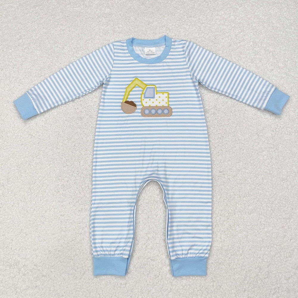 LR1617 Excavator Engineering Vehicle Striped Teal Long Sleeve Bodysuit