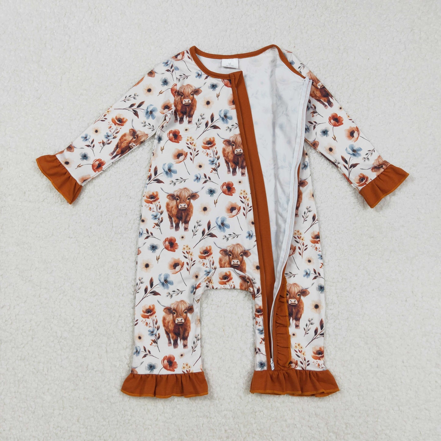 LR1624  Alpine Bullhead Flower Brown Lace Beige Zipper Long Sleeve Bodysuit D 903