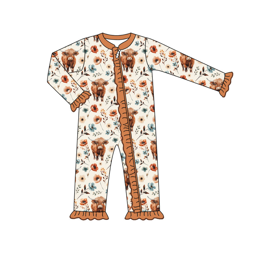 LR1624  Alpine Bullhead Flower Brown Lace Beige Zipper Long Sleeve Bodysuit D 903
