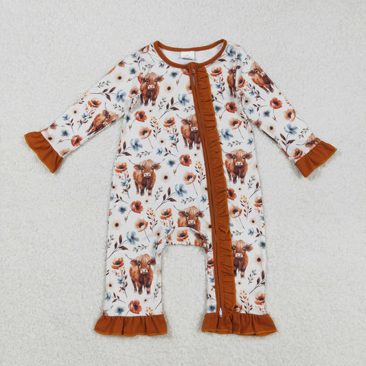 LR1624  Alpine Bullhead Flower Brown Lace Beige Zipper Long Sleeve Bodysuit D 903