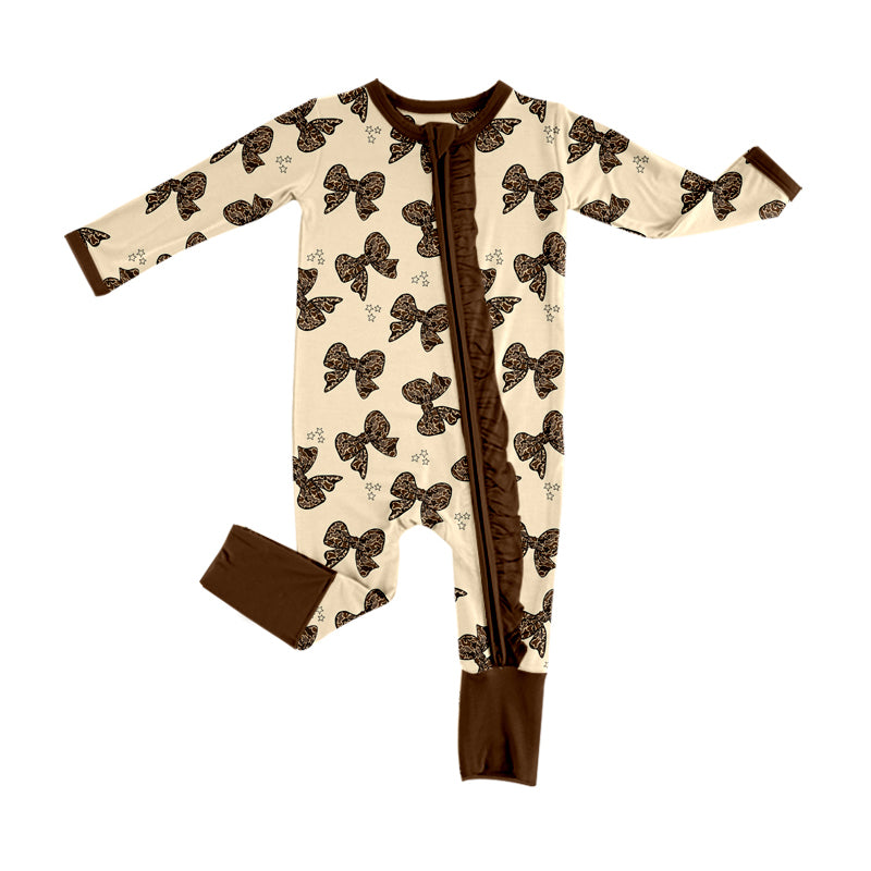 presale LR1638 Camouflage Bow Brown Lace Beige Zipper Long Sleeve Bodysuit  2024 8.2