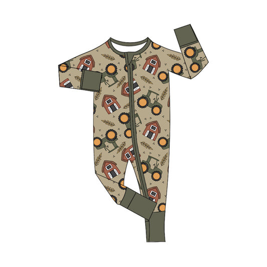 presale LR1640  Farm Tractor House Brown Green Zipper Long Sleeve Bodysuit  2024 8.2