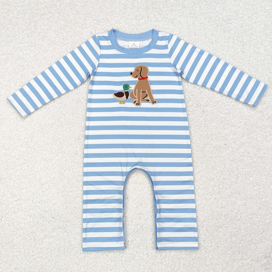 LR1644  Duck Puppy Blue and White Striped Long Sleeve Onesie