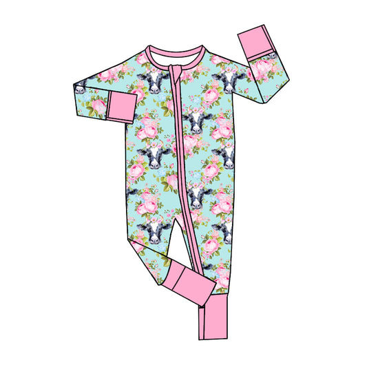 presale LR1647 Cow Pink Flower Blue Zipper Long Sleeve Bodysuit  2024 8.3