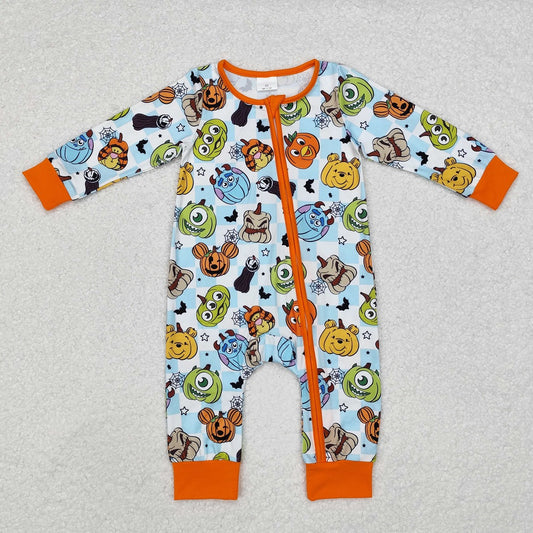 LR1650 Halloween Orange Trim Blue and White Plaid Zipper Long Sleeve Bodysuit