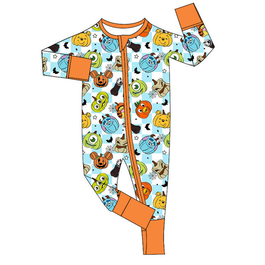 presale LR1650 Halloween Orange Trim Blue and White Plaid Zipper Long Sleeve Bodysuit 2024 8.3