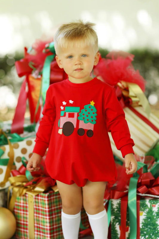 presale  LR1654 Christmas Tree Tractor Red Long Sleeve Onesie 2024 8.3