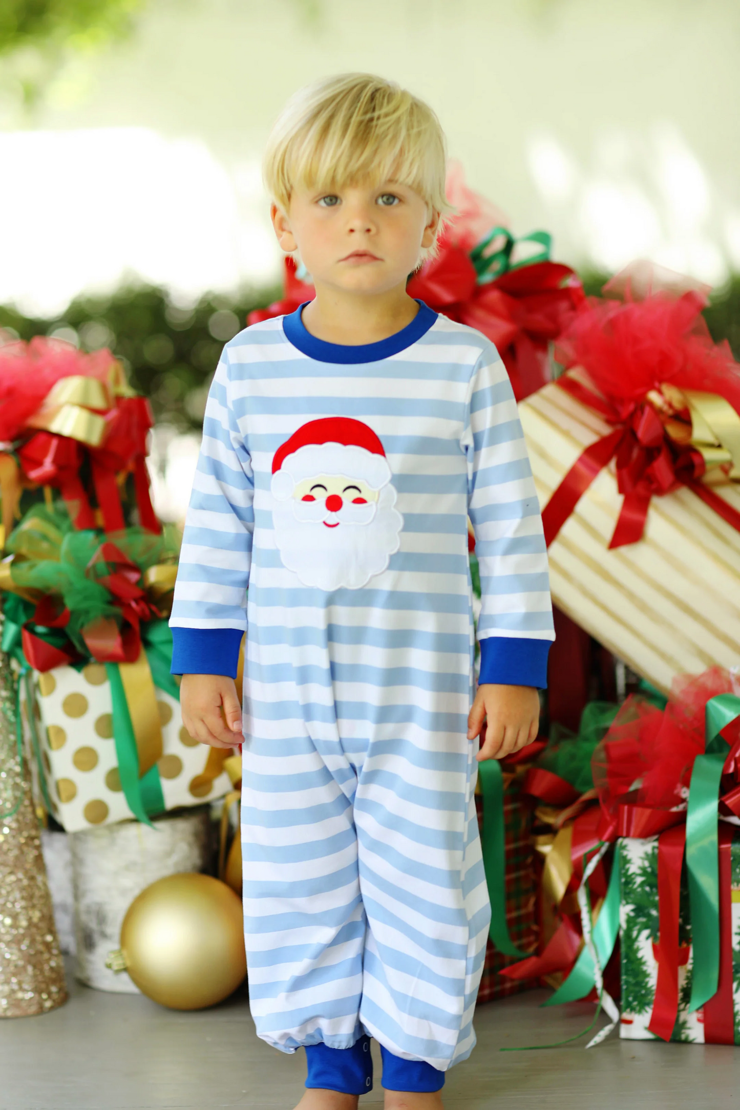 LR1661  Santa Claus blue and white striped long sleeve onesie