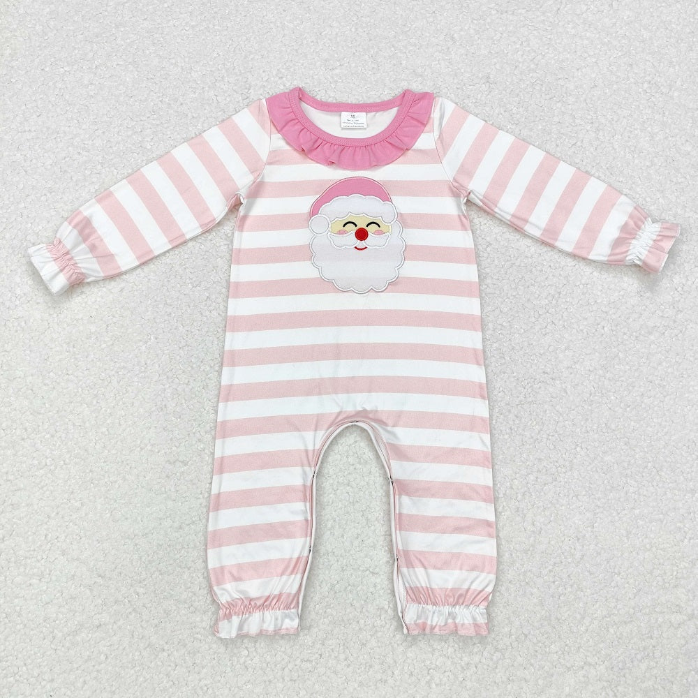 LR1662  Santa Claus Lace Pink and White Striped Long Sleeve Bodysuit