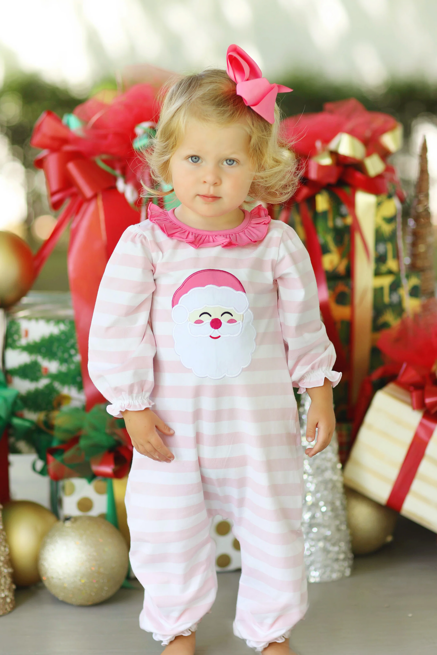 LR1662  Santa Claus Lace Pink and White Striped Long Sleeve Bodysuit