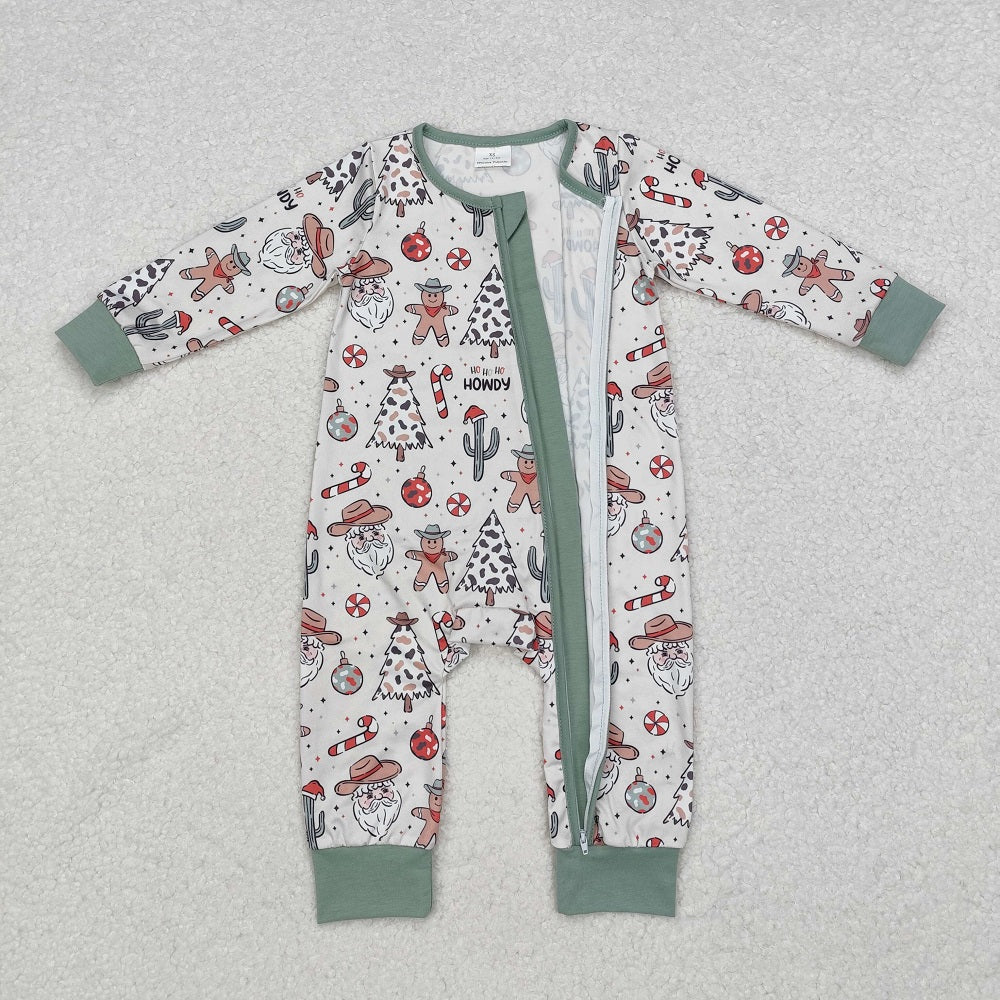 LR1674 Cowboy Hat Santa Claus Cactus Gingerbread Man Beige Green Zipper Long Sleeve Bodysuit