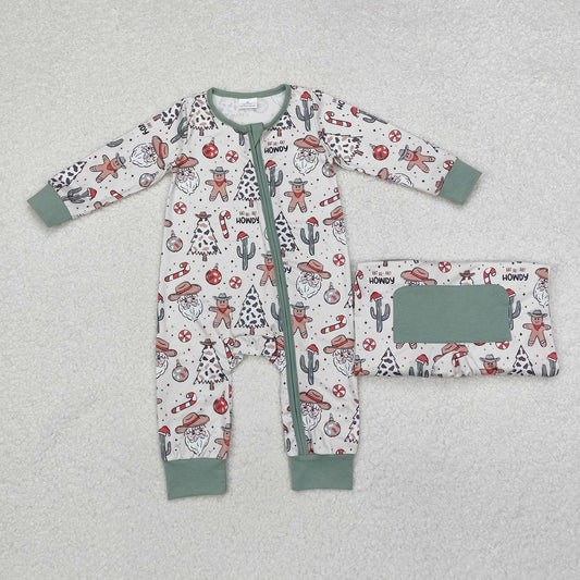LR1674 Cowboy Hat Santa Claus Cactus Gingerbread Man Beige Green Zipper Long Sleeve Bodysuit