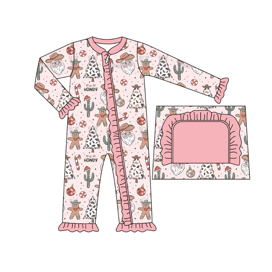LR1675 Cowboy Hat Santa Claus Cactus Gingerbread Man Pink Zipper Long Sleeve Bodysuit