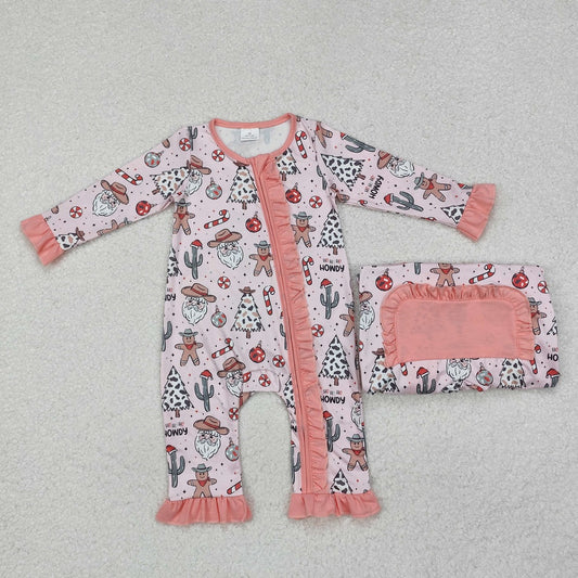 LR1675 Cowboy Hat Santa Claus Cactus Gingerbread Man Pink Zipper Long Sleeve Bodysuit