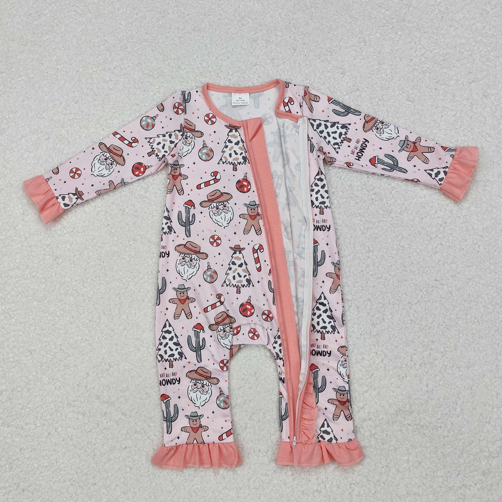 LR1675 Cowboy Hat Santa Claus Cactus Gingerbread Man Pink Zipper Long Sleeve Bodysuit