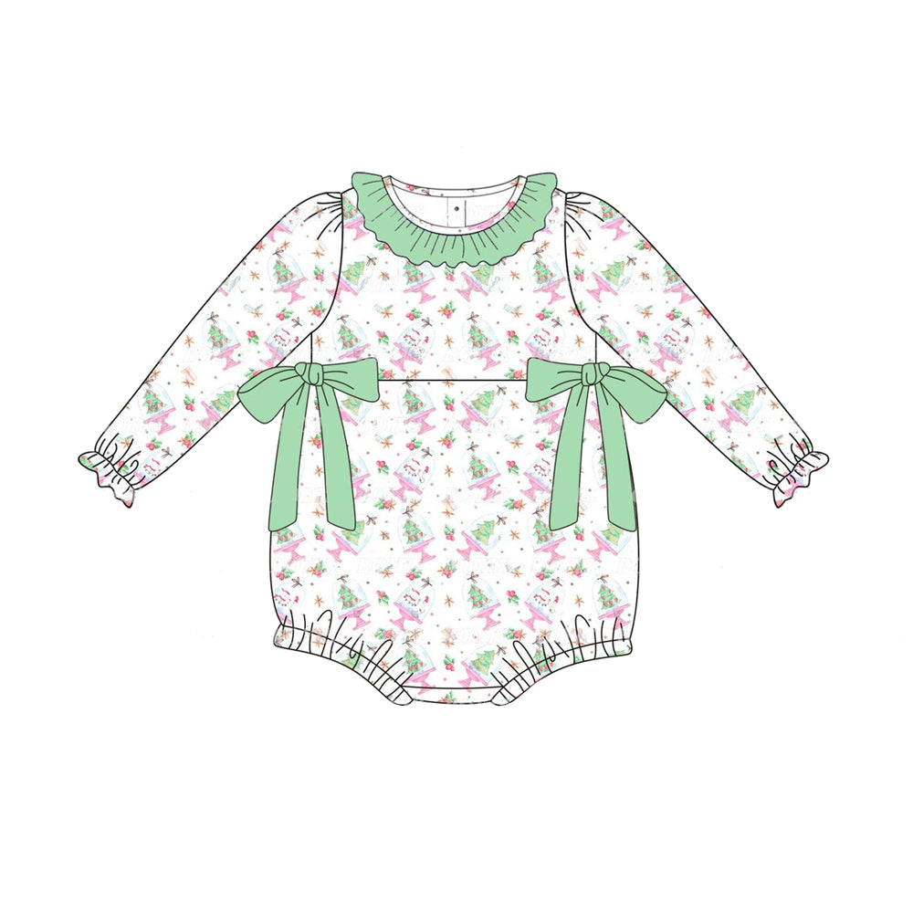 presale LR1678  Christmas Tree Snowman Green Lace Bow White Long Sleeve Bodysuit  2024 8.5