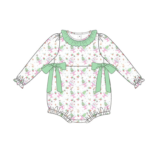 presale LR1678 Christmas Tree Snowman Green Lace Bow White Long Sleeve Bodysuit 2024 8.5