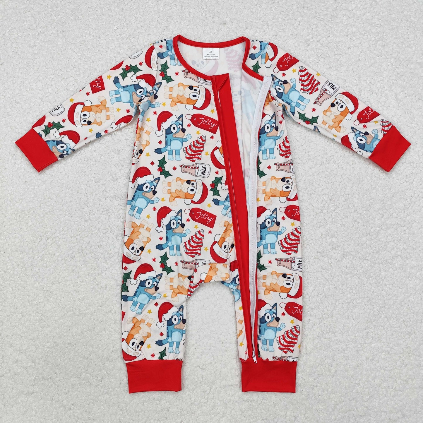 LR1684 Christmas Milk Cookies Red and White Zipper Long Sleeve Bodysuit