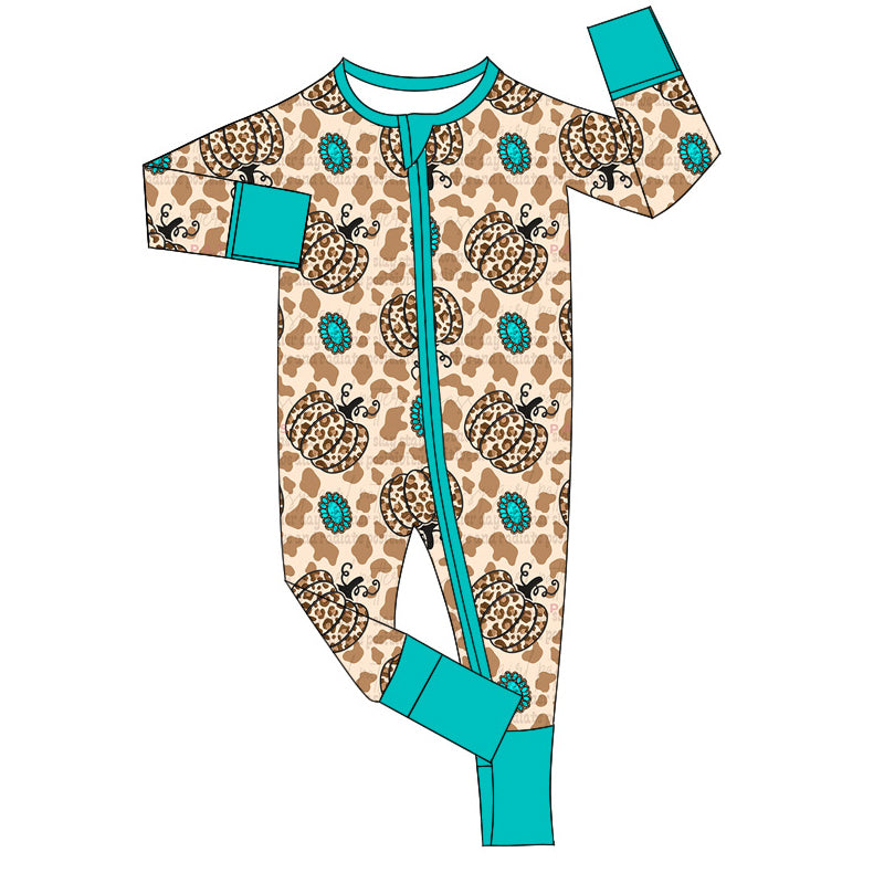 presale  LR1688 Leopard Cow Pumpkin Gem Brown Zipper Long Sleeve Bodysuit   2024 8.7