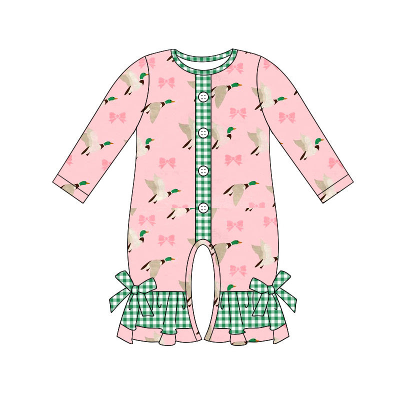 LR1689 Pink long-sleeved bodysuit with duck and bow pattern and green plaid  D 4.12