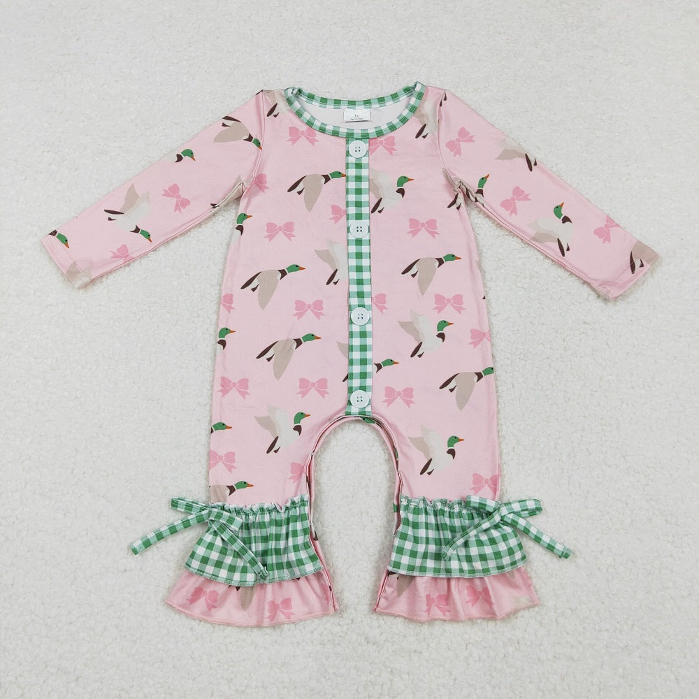 LR1689 Pink long-sleeved bodysuit with duck and bow pattern and green plaid  D 4.12