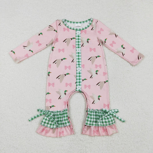 LR1689 Pink long-sleeved bodysuit with duck and bow pattern and green plaid D 4.12