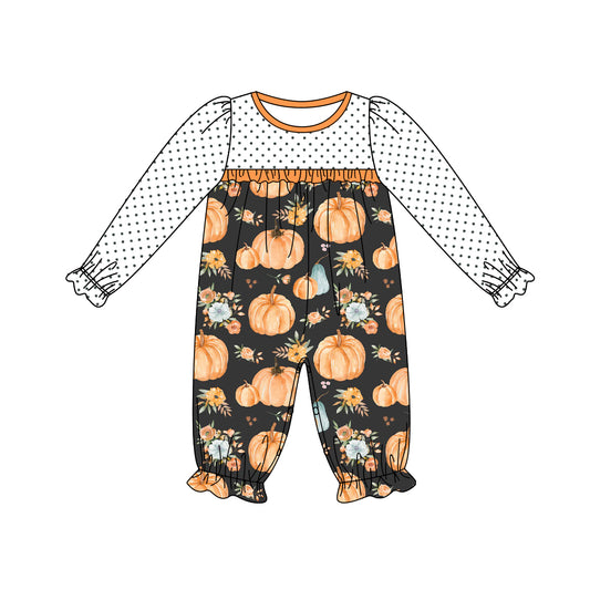 presale LR1691  Pumpkin Blossom Polka Dot Pocket Orange Lace Long Sleeve Bodysuit  2024 8.7