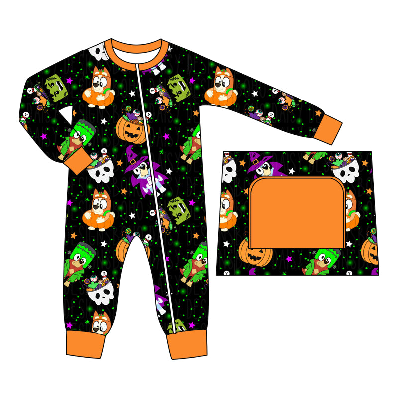 presale LR1695  Halloween Pumpkin Stars Black and Orange Zipper Long Sleeve Bodysuit 2024 8.7