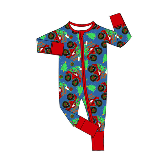 presale LR1698 Christmas Tree Truck Blue and Red Zip-Up Long Sleeve Bodysuit 2024 8.7