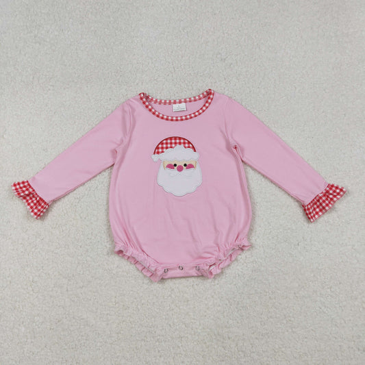 LR1733 Embroidery Santa Baby Girls Pink Long Ruffle Sleeve Christmas Rompers D 902