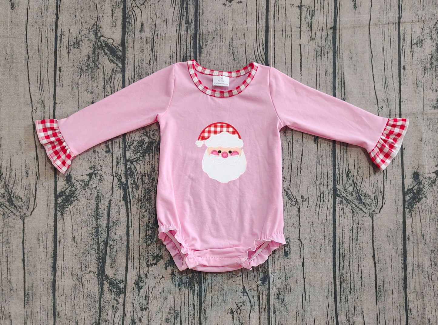 LR1733  Embroidery Santa Baby Girls Pink Long Ruffle Sleeve Christmas Rompers D 902