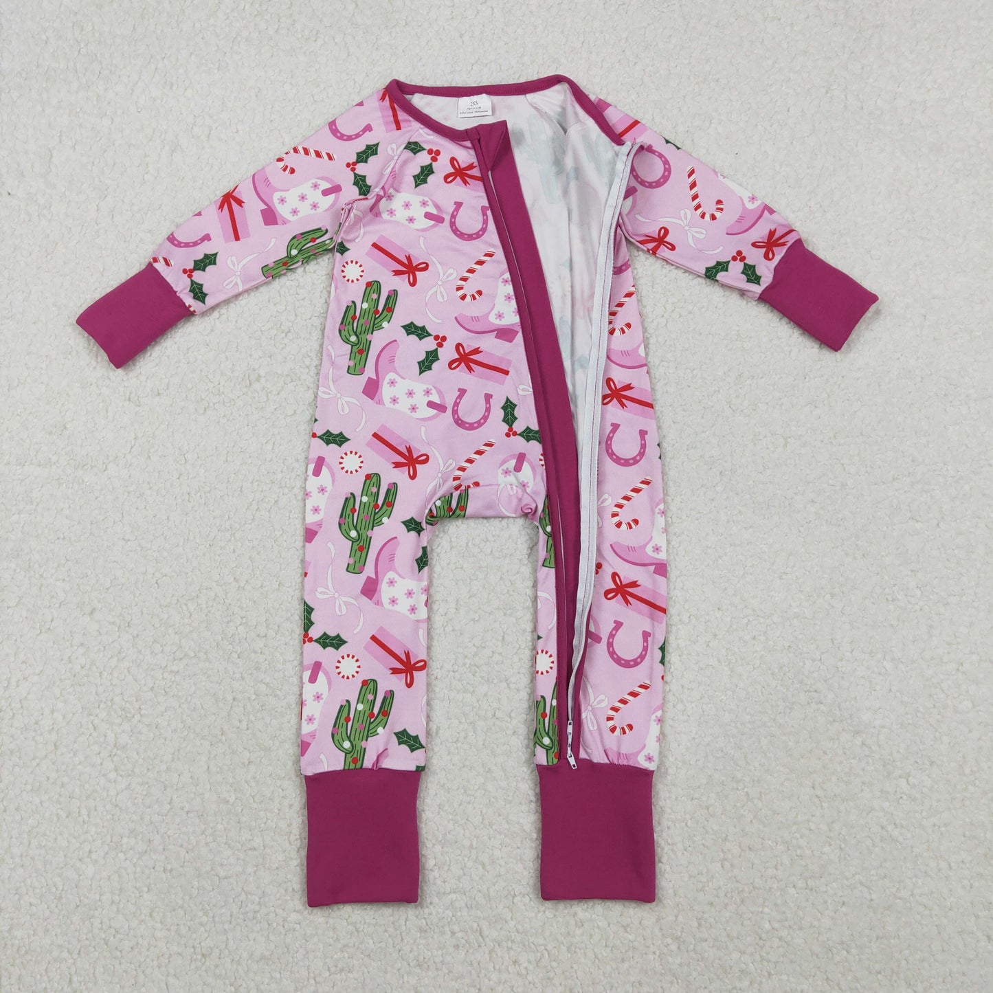 LR1742 Christmas Boots Cactus Gift Pink Purple Zipper Long Sleeve Bodysuit D 1110