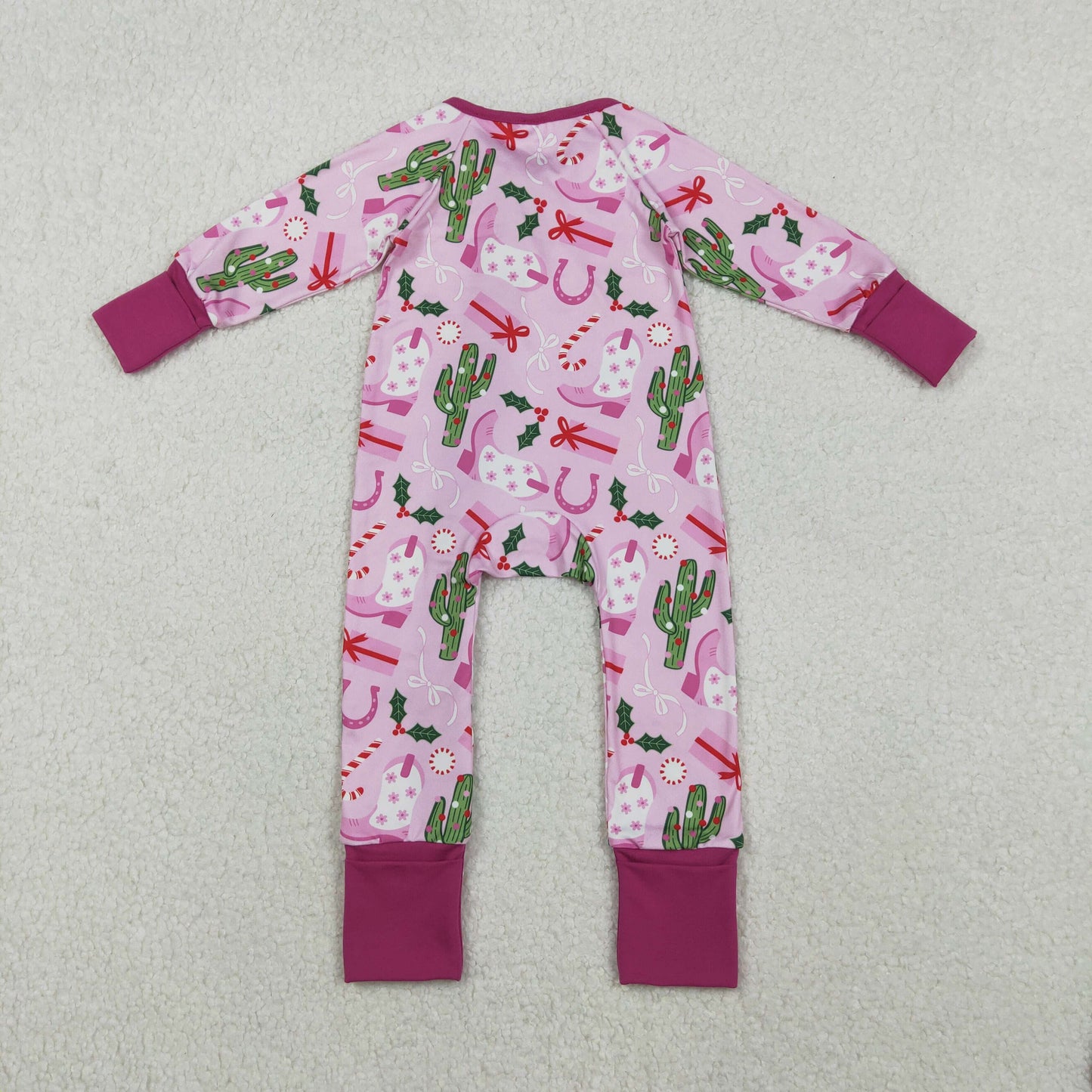 LR1742 Christmas Boots Cactus Gift Pink Purple Zipper Long Sleeve Bodysuit D 1110