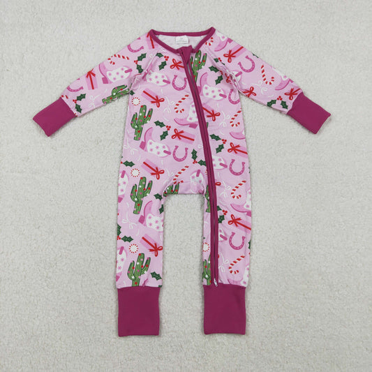 LR1742 Christmas Boots Cactus Gift Pink Purple Zipper Long Sleeve Bodysuit D 1110
