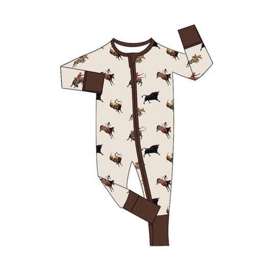 presale  LR1748 Brown Bull Riding Zipper Long Sleeve Bodysuit 8.12