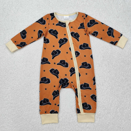 LR1758 Cowboy Hat Star Brown Zipper Long Sleeve Bodysuit
