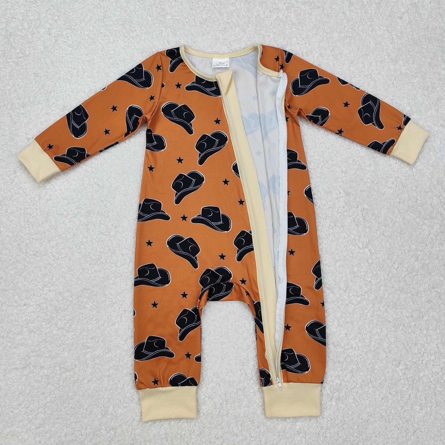 LR1758 Cowboy Hat Star Brown Zipper Long Sleeve Bodysuit