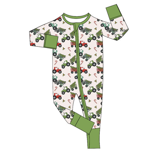 presale LR1767 Christmas Tree Tractor Cane Beige Zipper Long Sleeve Bodysuit 8.13